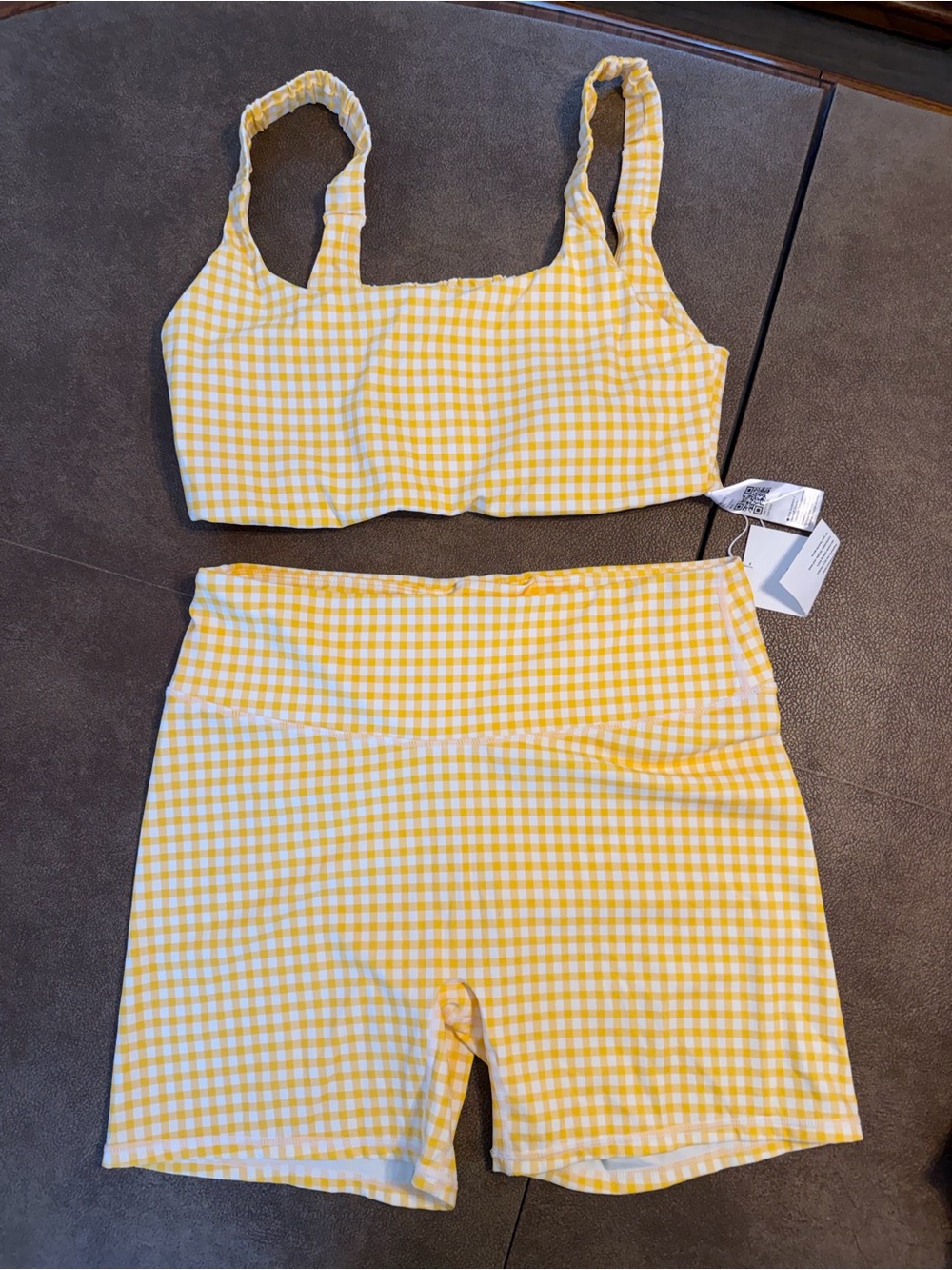 XXL Yellow Gingham Active Crop Top & High-Waist Bike Shorts Set, NWT, $30